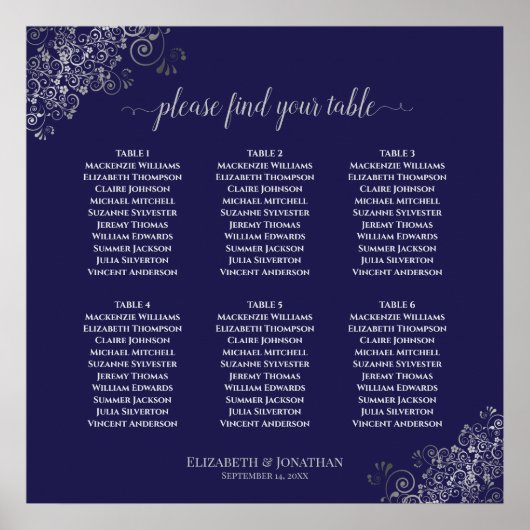 6 Tabelle Silver & Navy Blue Wedding Seekarte Poster (Vorne)