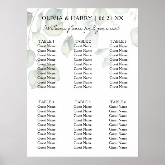 6 Tabelle Wasserfarbenekalyptus Hochzeitstabelle Poster (Vorne)