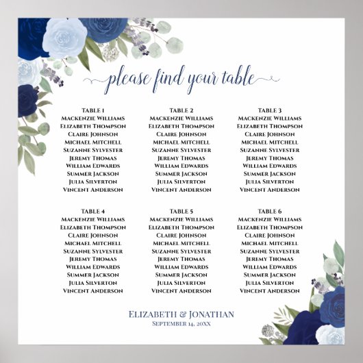 6 Table Blue Rose Boho Wedding Seating Chart Poster (Vorne)