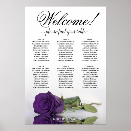 6 Table Elegante Royal Lila Rose Seating Chart Poster (Vorne)