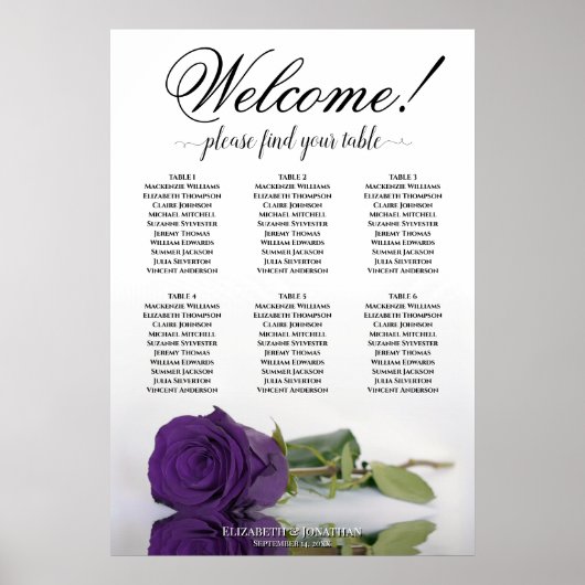 6 Table Elegante Royal Lila Rose Seating Chart Poster (Vorne)