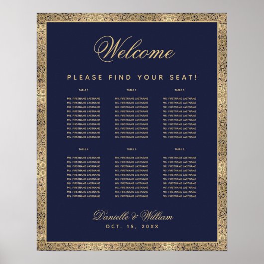 6 Table Navy Blue Gold Rose Hochzeitskarte Poster (Vorne)