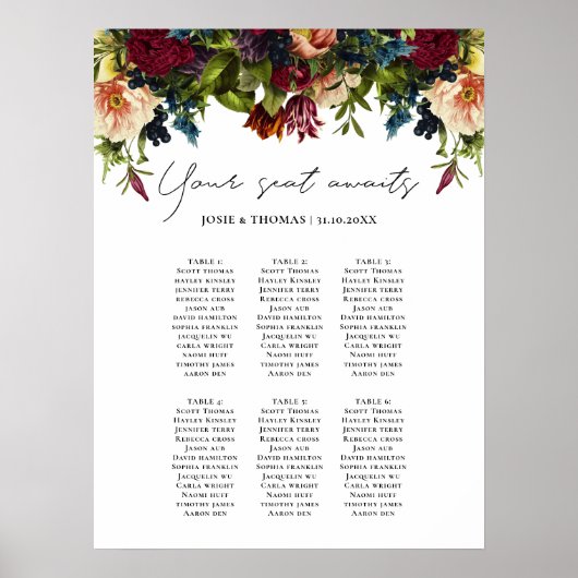 6-Tisch-Moody Floral Burgund Hochzeitsplaner Poster (Vorne)
