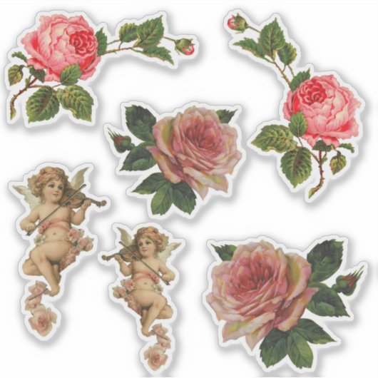 6 Viktorianische Die Aufkleber Rose Cherub Angel (Vorderseite)