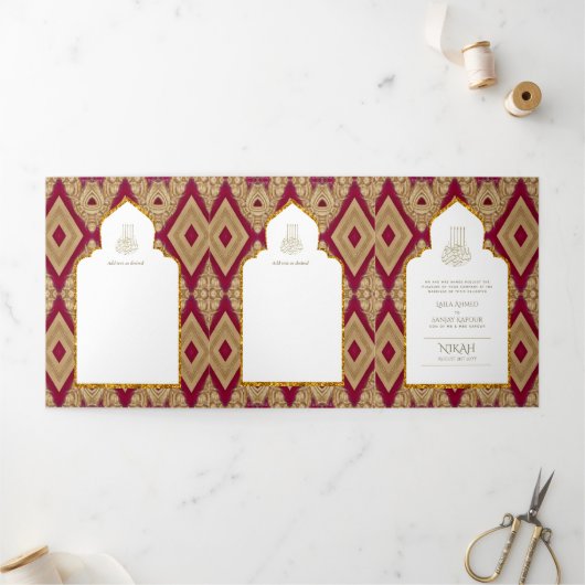 6pg NIKAH WALIMAH White Red Gold Verziertes Tri-Fo Dreifach Gefaltete Einladung (Außenbereich)