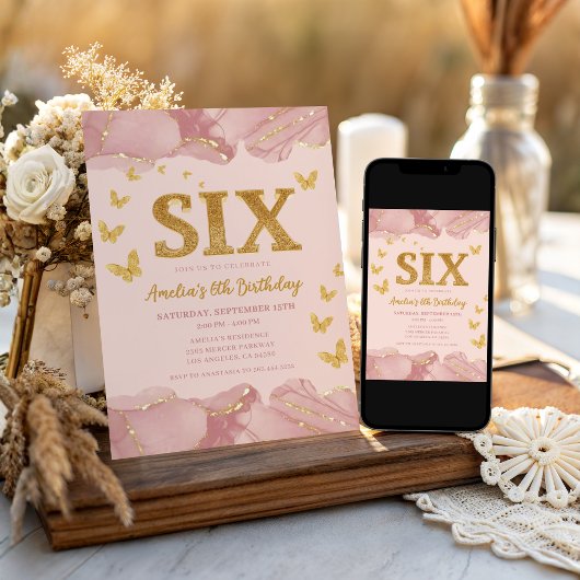 6th Birthday Invitation Pink Gold Glitter Girl Einladung