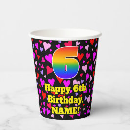 6th Birthday: Loving Hearts Pattern, Rainbow 6 Pappbecher