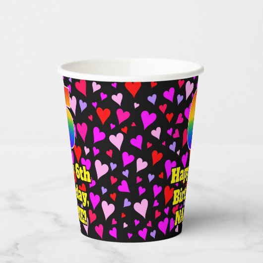 6th Birthday: Loving Hearts Pattern, Rainbow 6 Pappbecher (Links)