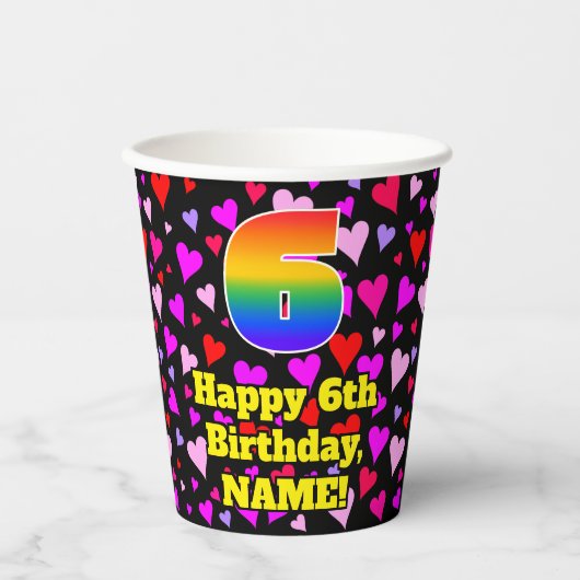 6th Birthday: Loving Hearts Pattern, Rainbow 6 Pappbecher (Vorderseite)