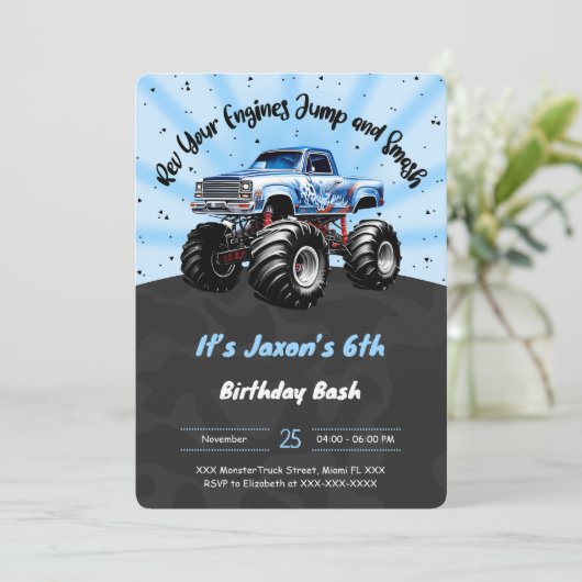 6th Birthday Monster Truck Einladung (Stehend Vorderseite)
