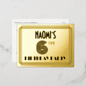 6th Birthday Party ~ Art Deco Style “6” + Name Folie Einladungspostkarte (Vorderseite/Rückseite)
