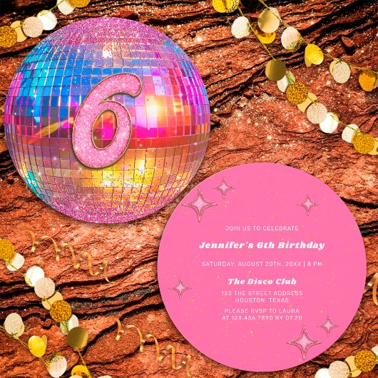6th Birthday Party Gold Pink Glitter Disco Ball Einladung
