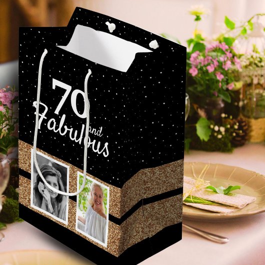 70 and Fabulous Gold Glitter 2 Photo 70th Birthday Mittlere Geschenktüte