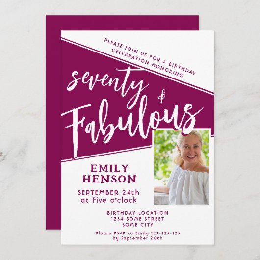 70 and Fabulous Script Magenta Photo 70th Birthday Einladung (Vorne/Hinten)