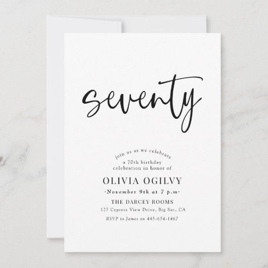 70. B&W Birthday Party Moderne Script Typografie Einladung (Vorderseite)