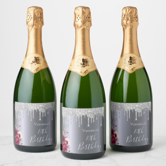 70. Birthday-Party-Silver-Glitter-Drips Schaumweinetikett (Flaschen)