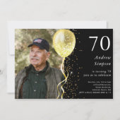 70. | Black & Gold Glitzer Foto Geburtstag Einladung (Vorderseite)