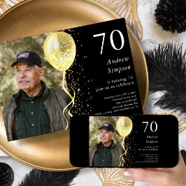 70. | Black & Gold Glitzer Foto Geburtstag Einladung