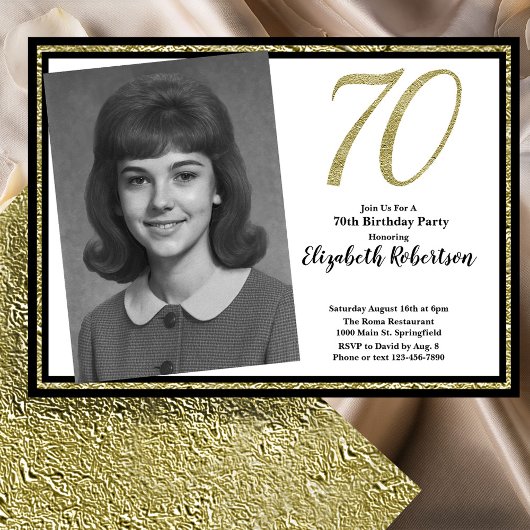 70. Custom Foto White Black und Gold Einladung