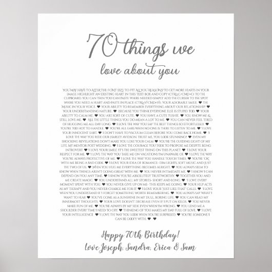 70 Dinge, die wir an dir lieben Poster (Vorne)