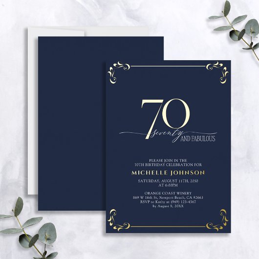 70 & Fabulous Blue & Gold Calligraphie Geburtstag Folieneinladung