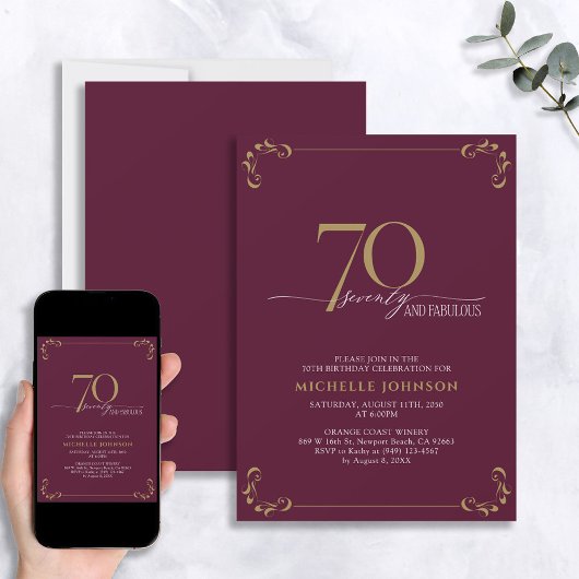 70 & Fabulous Burgundy White & Gold Geburtstag Einladung