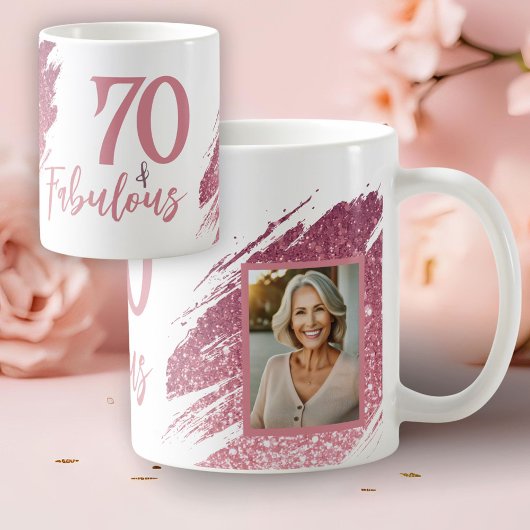70 & Fabulous Pink Glitter 2 Photo 70th Birthday Kaffeetasse