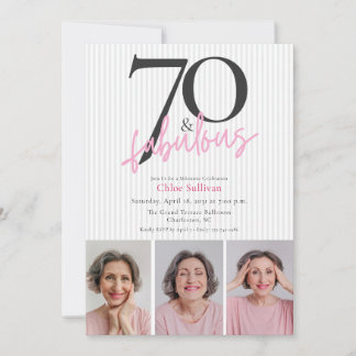 70 & Fabulous Pink Script 3 Foto Geburtstagsfeier Einladung