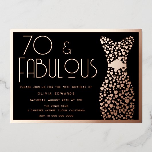 70 & Fabulous! Rose Gold & Black 70th Birthday  Folieneinladung (Vorderseite)