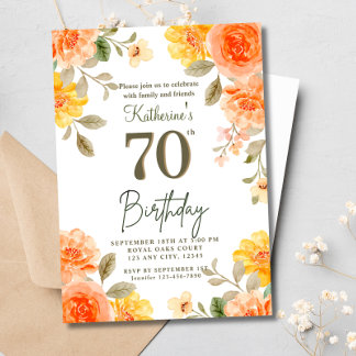 70. Floral Orange Yellow Boho Wasserfarbe Geburtst Einladung