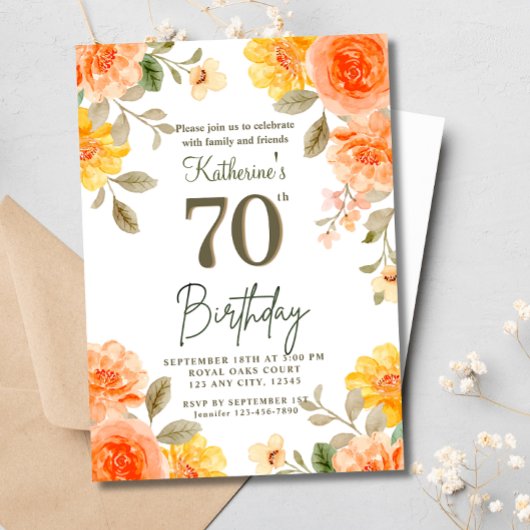 70. Floral Orange Yellow Boho Wasserfarbe Geburtst Einladung