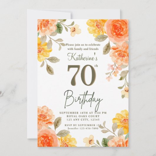 70. Floral Orange Yellow Boho Wasserfarbe Geburtst Einladung (Vorderseite)