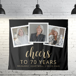 70. Geburtstag 3-Foto Gold Script Cheers Black Wandteppich