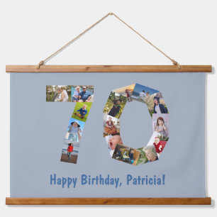 70. Geburtstag Alter 70 Zahl Foto Collage Blau Wandteppich Mit Holzrahmen