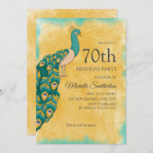 70. Geburtstag Aquamarin Gelbes Wasserfarbenpfau Einladung (Vorne/Hinten)