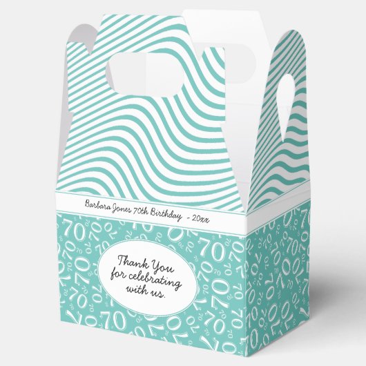 70. Geburtstag Aquamarin/Weißes Zahlenmuster Geschenkschachtel (Geöffnet)