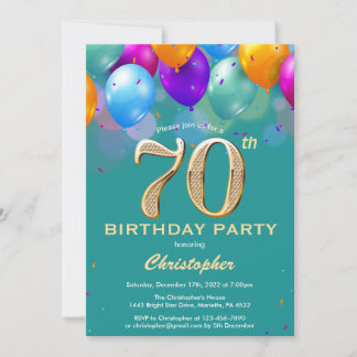 70. Geburtstag Aquamarine und goldene Ballons Einladung