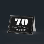 70. Geburtstag: Art Deco  Look "70" & Name Karte<br><div class="desc">Dieser Retro Roaring '20s sieht inspiriert Geburtstagskartendesign aus mit einer großen Art Deko-Stil inspiriert Nummer "70", die Meldung "Happy 70 th Birthday", ein benutzerdefinierbarer Name und ein Randmuster bestehend aus dünnen Linien auf der Vorderseite. Der Hintergrund der Vorderseite ist schwarz. Das Innere hat eine eigene Geburtstagsgrüße, oder könnte gelöscht und...</div>