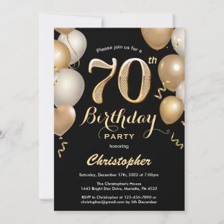 70. Geburtstag Black and Gold Balloons Confetti Einladung