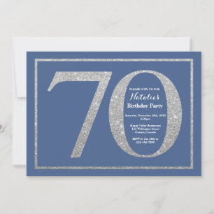 70. Geburtstag Blau und Silber Glitter Einladung