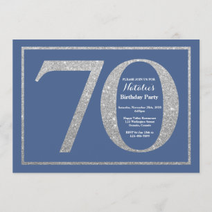 70. Geburtstag Blau- und Silberner Glitzer Einladung