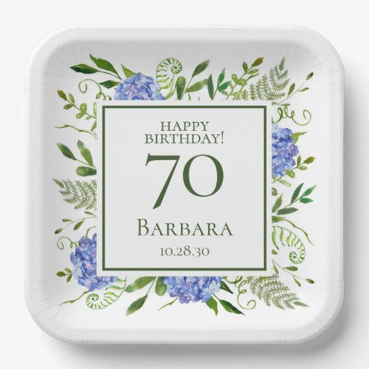 70. Geburtstag Blaue Hortensien Pappteller (Vorderseite)