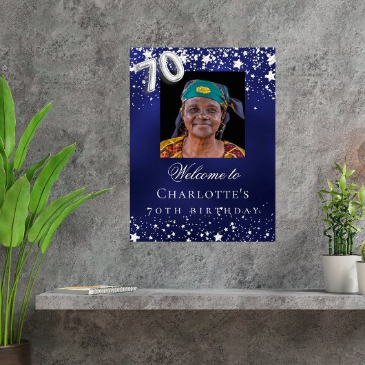 70. Geburtstag blauen Silberstars Foto willkommen Poster