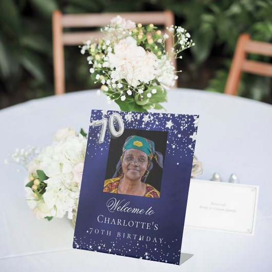 70. Geburtstag blauen Silberstars Foto willkommen Sockelschild