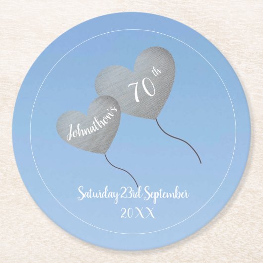 70. Geburtstag blauer Himmel & Silberballon Runder Pappuntersetzer (Vorderseite)