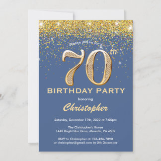 70. Geburtstag Blue and Gold Glitzer Confetti Einladung