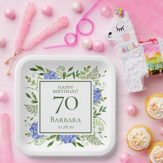 70. Geburtstag Blue Hydrangeas Pappteller (Party)