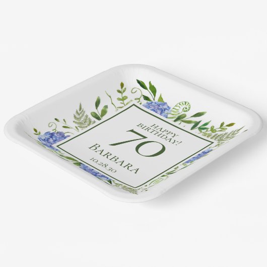 70. Geburtstag Blue Hydrangeas Pappteller (Gewinkelt)