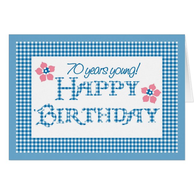 70. Geburtstag, Blue Karo Gingham Pattern (Vorderseite (Horizontal))