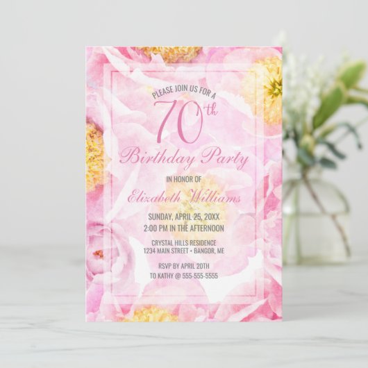70. Geburtstag Blumenrosa Peony Party Einladung (Stehend Vorderseite)